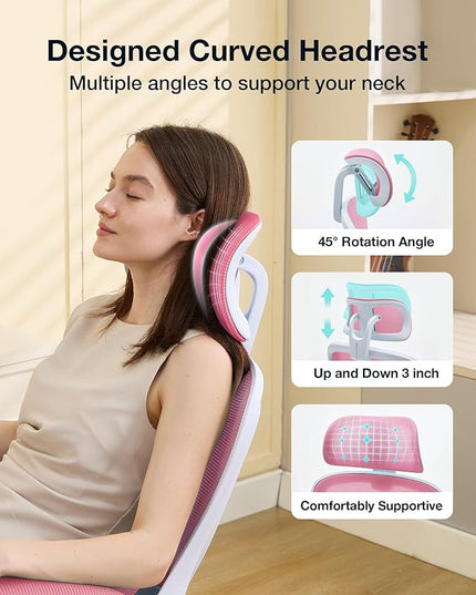 Ergonomic Office Chair with Tilt-Lock, Home Office Desk Chair with Auto Lumbar Support, High Back Mesh Desk Chair with Adjustable Headrest, Swivel Task Chair or Study Room Bedroom,Pink - LeafyLoom