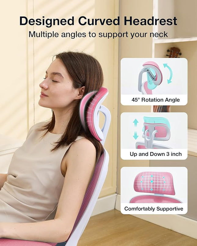 Ergonomic Office Chair with Tilt-Lock, Home Office Desk Chair with Auto Lumbar Support, High Back Mesh Desk Chair with Adjustable Headrest, Swivel Task Chair or Study Room Bedroom,Pink - LeafyLoom