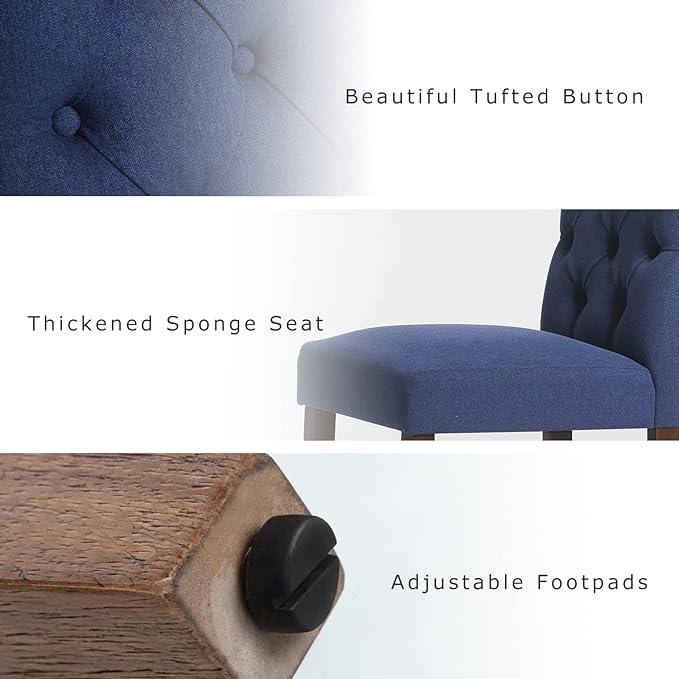 COLAMY Button Tufted Dining Chairs Set of 4, Parsons Upholstered Fabric Dining Room Chairs Kitchen Chairs with Wood Legs and Padded Seat, Dark Blue - LeafyLoom