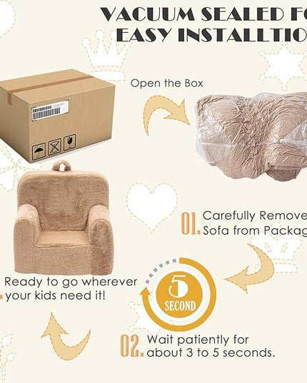 Snuggly-Soft Cuddly Toddler Plush Armchair for Boys and Girls Fuzzy Plush Kids Sofa Couch Reading Chair with Children Friendly Handle for Easy Movement & Double Pockets for Good Storage, Camel - LeafyLoom