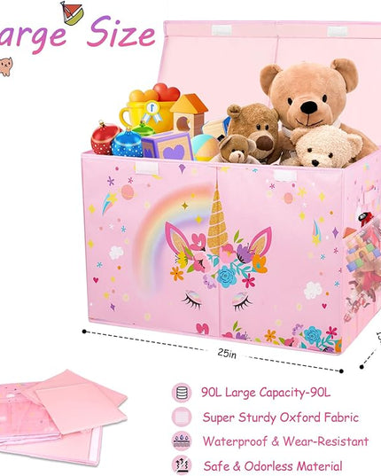 Large Toy Box Chest, Collapsible Sturdy Toy Storage Organizer for Kids, Boys, Girls, 25"x13"x16" Toy Chest Storage Bins with Lids Toy Bins Baskets Boxes for Living Room, Playroom, Nursery, Pink - LeafyLoom