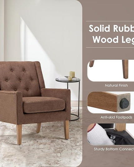 COLAMY Mid-Century Accent Chairs, Modern Wingback Living Room Chair, Upholstered Armchair with Button Tufted Back and Wood Legs for Bedroom/Office/Reading Spaces, Brown - LeafyLoom