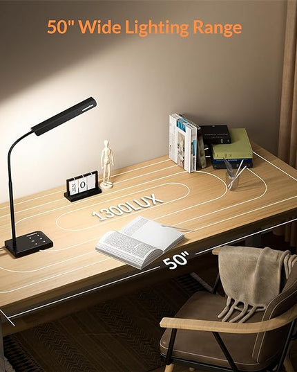 LED Desk Lamp, 12W Reading Desk Lamp for Office Home with 60 Lighting Modes, Touch Control & Timer Function, 750LM Bright Eye-Caring Gooseneck Desk Light Table Lamp for Study, Work, Black - LeafyLoom