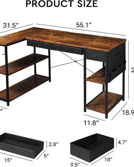Ｍａｉｈａｉｌ Maihail Home Office Desk with Drawers and Shelves, 55” Computer Corner Desk for Small Space, Small L Shaped Desk with Side Storage for Bedroom, Rustic Brown - LeafyLoom