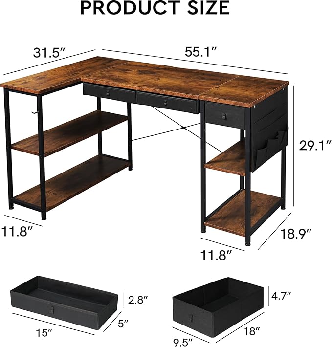 Ｍａｉｈａｉｌ Maihail Home Office Desk with Drawers and Shelves, 55” Computer Corner Desk for Small Space, Small L Shaped Desk with Side Storage for Bedroom, Rustic Brown - LeafyLoom