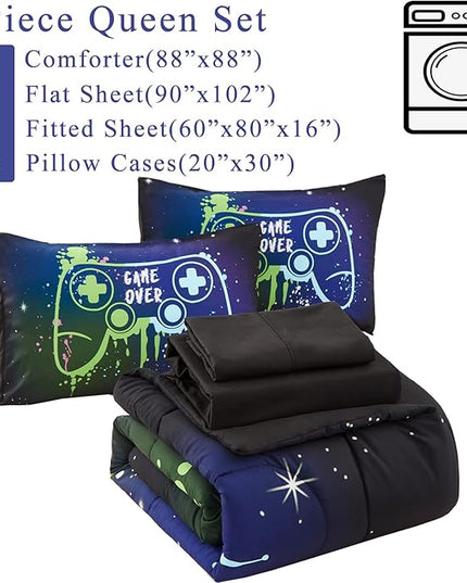 KAKKI Kids Gaming Bedding Sets Queen Size for Boys Teen, 5 Piece Bed in a Bag Gamer Comforter Set with Sheets, 3D Colorful Game Controller Comforter, All Season Soft Microfiber Bed Set(Blue,Queen) - LeafyLoom