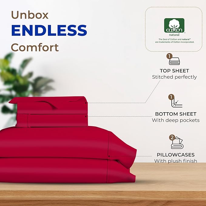 THREAD SPREAD Luxury Egyptian Cotton Sheets King Size - 600 Thread Count Sheets King 4 PC Luxury Sheets King Size, 16" Deep Pocket, Extra Soft, Cooling Sateen Weave Hotel Luxury Bed Sheets Set - Red - LeafyLoom