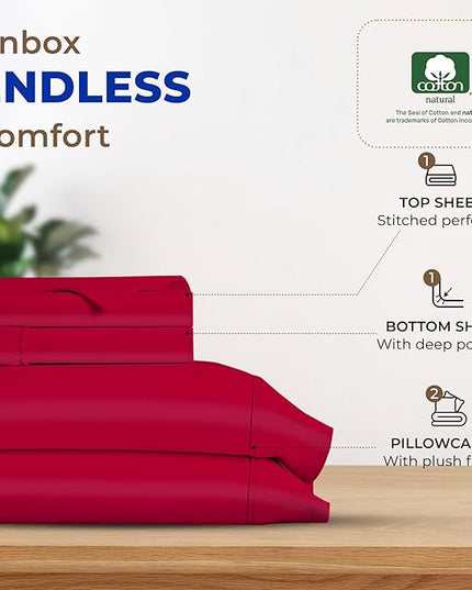 THREAD SPREAD 600 Thread Count Sheets Queen - 100% Egyptian Cotton Sheets Queen Size, 4 PC Luxury Sheets Queen Size, Ultra Soft Queen Sheets & Pillowcases Set, 16" Deep Pocket Cooling Sheet - Red - LeafyLoom