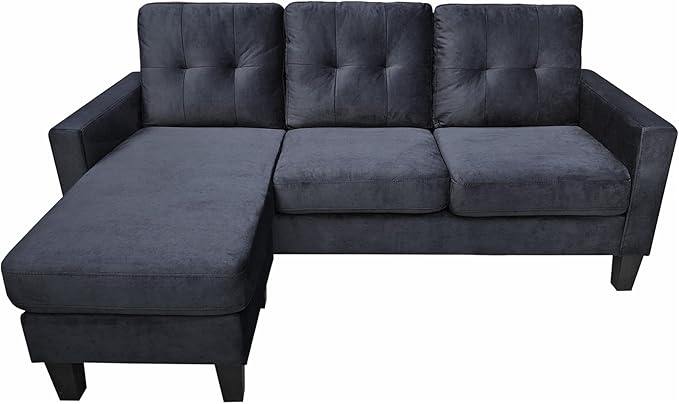 72.5" Velvet Reversible Sectional Modular Sofa with Reorganizable Chaise, L Shaped Tufted Upholstery Couch Large Lounge Sleeper for Living Room Office Apartment, Black - LeafyLoom