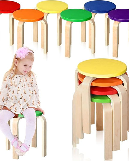 6 Pcs 12 Inch Bentwood Stacking Stool for Kids Colored Durable Round Nesting Stool Flexible Wood Stackable Stool Chairs for Playroom Daycare Home Classroom (Classic Color) - LeafyLoom