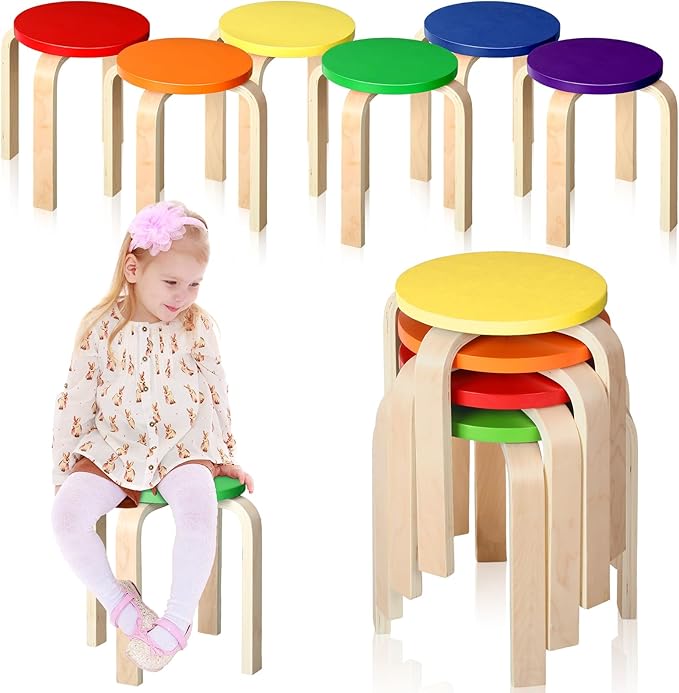 6 Pcs 12 Inch Bentwood Stacking Stool for Kids Colored Durable Round Nesting Stool Flexible Wood Stackable Stool Chairs for Playroom Daycare Home Classroom (Classic Color) - LeafyLoom