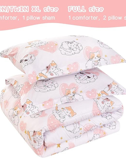 Cat Kids Comforter Set for Girls Twin, Cute Quilted Pink Heart Printed Bedding Set with Pillow Sham, Lightweight Soft Breathable Machine Washable Bed Set 2 Piece - LeafyLoom