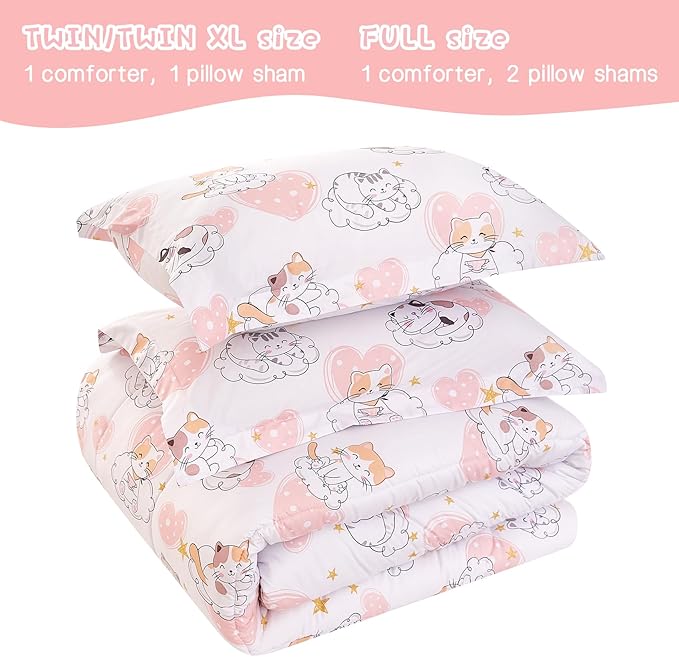 Cat Kids Comforter Set for Girls Twin, Cute Quilted Pink Heart Printed Bedding Set with Pillow Sham, Lightweight Soft Breathable Machine Washable Bed Set 2 Piece - LeafyLoom