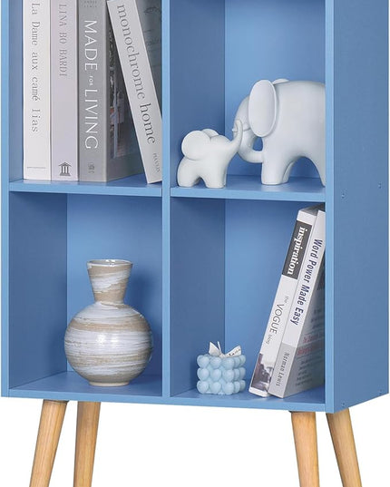 YAHARBO 4 Cube Bookshelf, Blue Small Kids Book Shelf with Cubby Storage,Wooden Modern Bookcase with Legs,2 Tier Freestanding Display Book Case Organizer,Bookshelves for Office,Nursery,Playroom - LeafyLoom