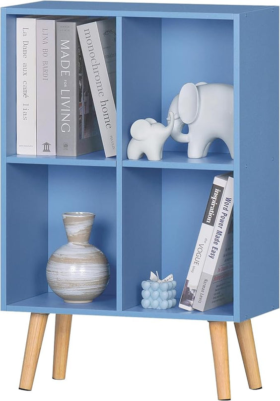 YAHARBO 4 Cube Bookshelf, Blue Small Kids Book Shelf with Cubby Storage,Wooden Modern Bookcase with Legs,2 Tier Freestanding Display Book Case Organizer,Bookshelves for Office,Nursery,Playroom - LeafyLoom
