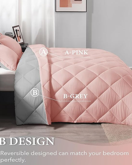 downluxe Twin Comforter Set - Pink and Grey Twin Comforter, Soft Bedding Sets for All Seasons -2 Pieces - 1 Comforter (66"x92") and 1 Pillow Sham(20"x26") - LeafyLoom