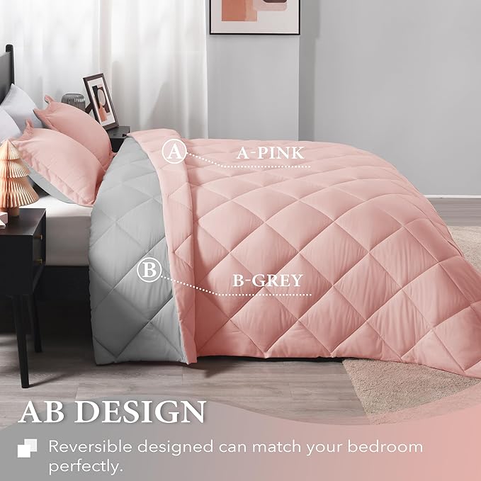 downluxe Queen Comforter Set - Pink and Grey Queen Comforter, Soft Bedding Sets for All Seasons - 3 Pieces - 1 Comforter (88"x92") and 2 Pillow Shams(20"x26") - LeafyLoom