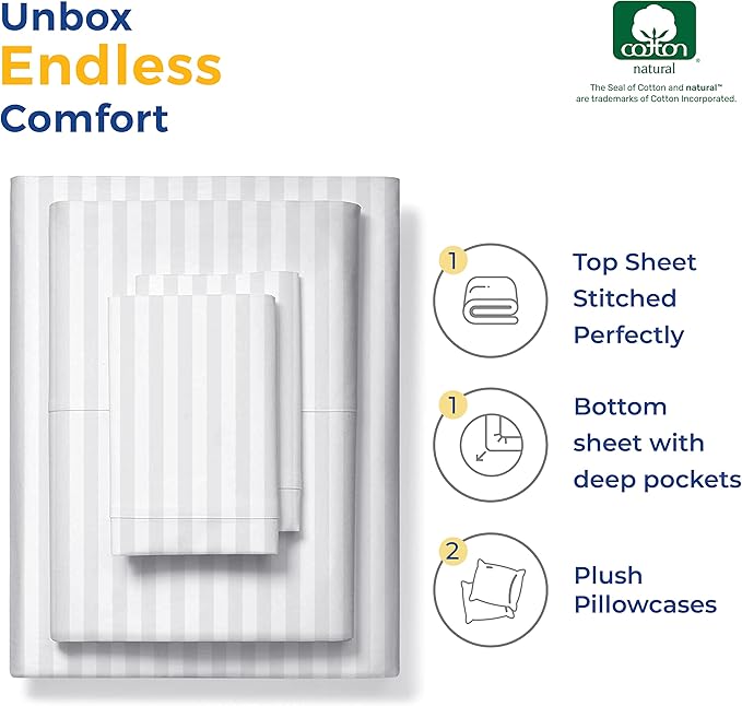 THREAD SPREAD Luxury Egyptian Cotton King Stripe Sheet Set, 600 Thread Count Extra Long Staple 4 PC Set, King White Damask Sheets, Soft, Cooling Sateen Weave Sheets Upto 18" Deep Pocket - LeafyLoom