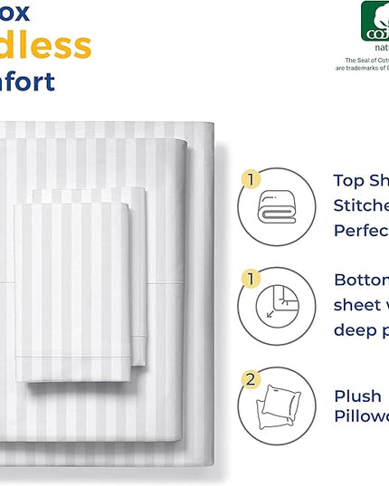 THREAD SPREAD Luxury Egyptian Cotton Queen Stripe Sheet Set, 600 Thread Count Extra Long Staple 4 PC Set, Queen White Damask Sheets, Soft, Cooling Sateen Weave Striped Sheets Upto 18" Deep Pocket - LeafyLoom