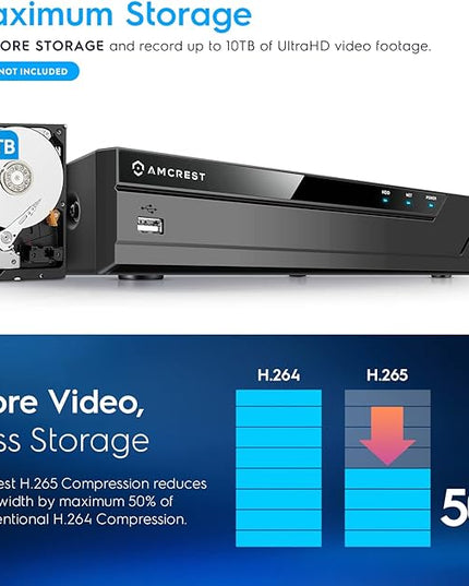 Amcrest NV4108E-A2 4K 8CH POE NVR (1080p/3MP/4MP/5MP/8MP) POE Network Video Recorder - Supports up to 8 x 8MP/4K IP Cameras, 8-Channel Power Over Ethernet Supports up to 10TB HDD (Not Included) Amcrest