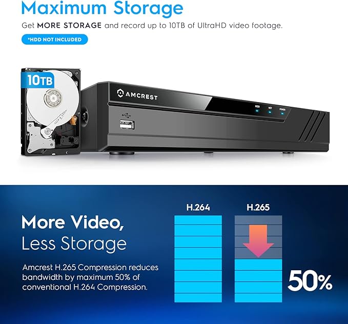 Amcrest NV4108E-A2 4K 8CH POE NVR (1080p/3MP/4MP/5MP/8MP) POE Network Video Recorder - Supports up to 8 x 8MP/4K IP Cameras, 8-Channel Power Over Ethernet Supports up to 10TB HDD (Not Included) Amcrest