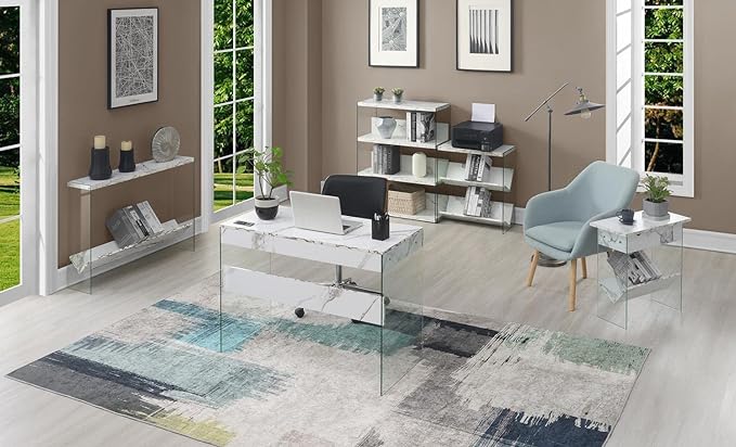 Convenience Concepts SoHo 1 Drawer Glass 36 inch Desk, White Faux Marble/Glass - LeafyLoom
