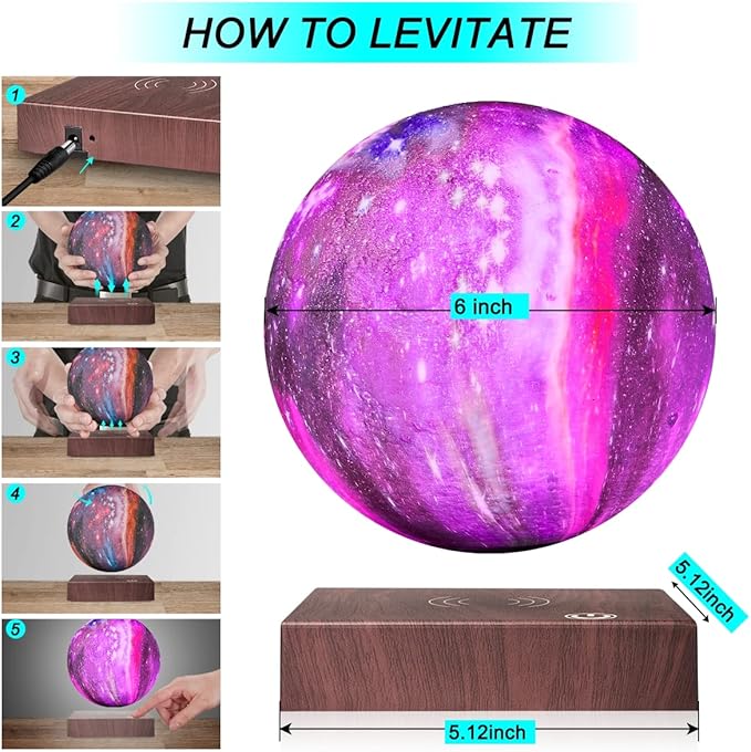 VGAzer Levitating Moon Lamp Floating and Spinning in Air Freely with Gradually Changing LED Lights Between 7 Colors,Decorative Light for Kids Lover Friends (Square Base) - LeafyLoom