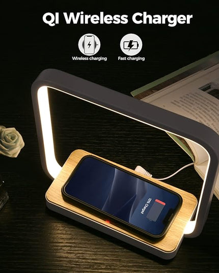 Bedside Lamp Qi Charger LED Desk Lamp with Touch Control 3 Light Hues,Table Lamp Eye-Caring Reading Light for Kids, Adults, Home, Dorm and Office,Wireless Charge for All Qi Devices - LeafyLoom