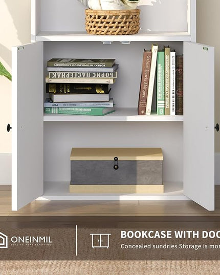 oneinmil 6 Tier Bookshelf and Bookcase, Wooden Bookshelves with Cabinet Doors, Floor Bookshelves and Office Storage Cabinets for Home Office, Living Room,White - LeafyLoom