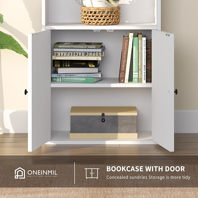 oneinmil 6 Tier Bookshelf and Bookcase, Wooden Bookshelves with Cabinet Doors, Floor Bookshelves and Office Storage Cabinets for Home Office, Living Room,White - LeafyLoom