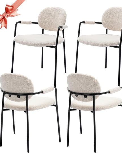 COLAMY Dining Chairs Set of 4, Boucle Dining Chairs with Arms, Comfy Small Sherpa Dining Armchairs with Back for Kitchen, Dining Room, Restaurant, Cream - LeafyLoom