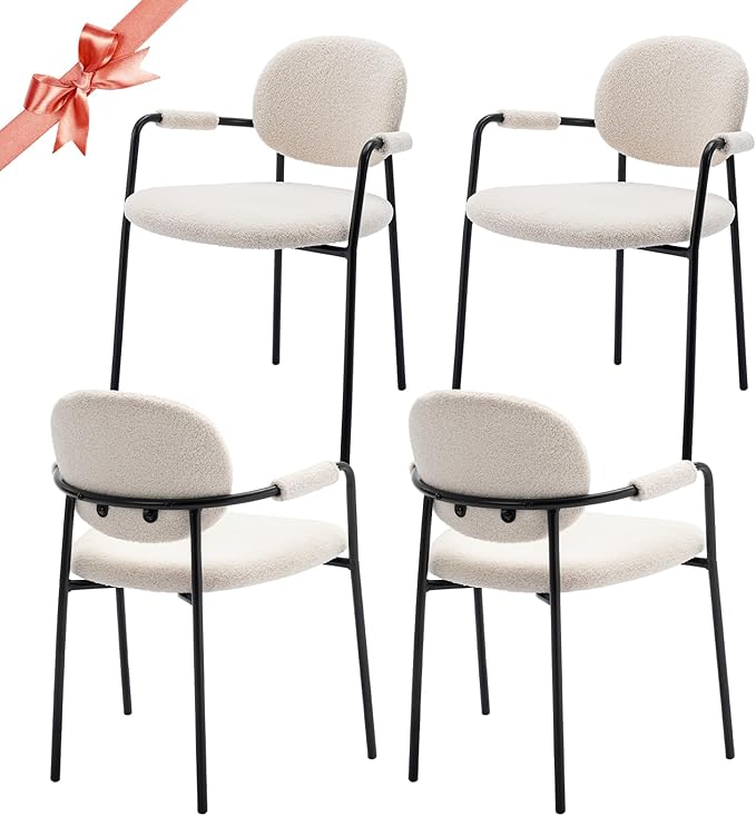 COLAMY Dining Chairs Set of 4, Boucle Dining Chairs with Arms, Comfy Small Sherpa Dining Armchairs with Back for Kitchen, Dining Room, Restaurant, Cream - LeafyLoom
