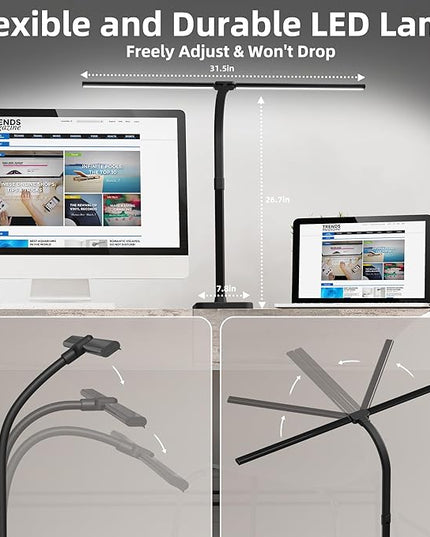 Otdair LED Desk Lamp for Home Office with Wireless Charger, 5 Modes 24W Double Head Flexible Gooseneck Eye-Caring Reading Study Light, Architect Light 5 Brightness Adjustable with Timer (Black) - LeafyLoom