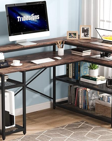 Tribesigns L Shaped Desk with Storage and Monitor Stand, Industrial Home Office Computer Desk with Storage Shelves, 59 Inch Corner Desk with Monitor Shelf(Brown) - LeafyLoom