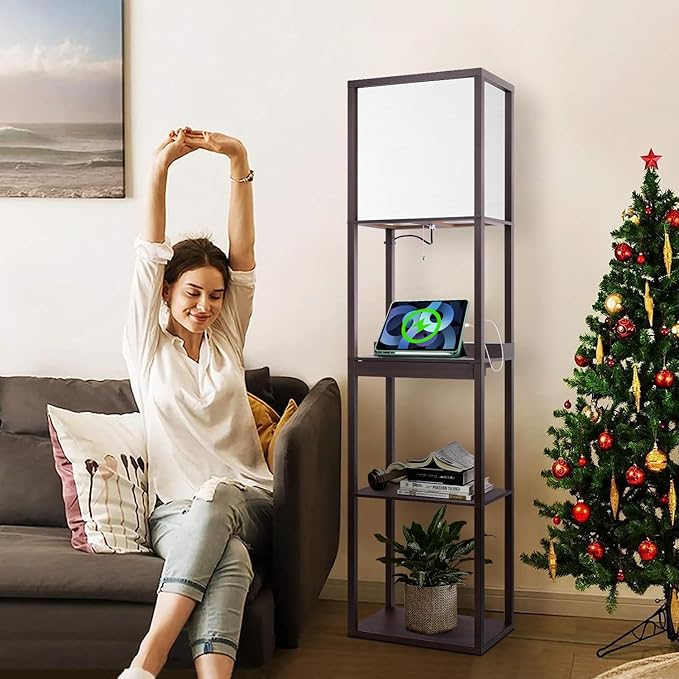 Floor Lamp with Shelves Plus, 4-Tier Wireless Charger Shelf Floor Lamp for Bedroom Living Room, USB and Type C Charging Ports 2 AC Power Outlets, 3CCT Color Selectable 15W Bulb(Walnut). - LeafyLoom
