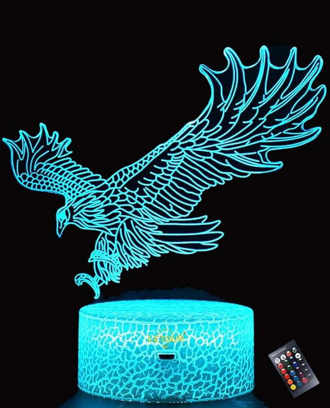 LETOUR Night Light for Kids Eagle 3D Night Light Porpoise Illusion Lamp with Remote Control 16 Color Changing Xmas Halloween Birthday Gift for Child Baby Boy (Remote - Ice Crack Base) - LeafyLoom