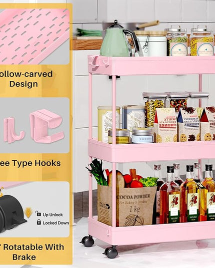 SPACEKEEPER Rolling Storage Cart 3 Tier, Bathroom Cart Organizer Laundry Room Organizer Utility Cart Mobile Shelving Unit Multi-Functional Shelves for Office, Kitchen, Bathroom, Pink - LeafyLoom
