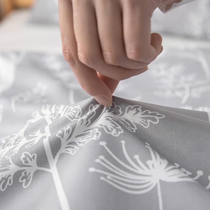 JANZAA California King Comforter Set 3PCS Comforter Set Floral Comforter Set Bedding Set White Flower Printing on Gray Comforter with 2 Pillow Cases for All Season - LeafyLoom