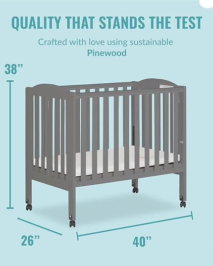 2-in-1 Portable Folding Stationary Side Crib in Storm Grey, Greenguard Gold Certified, Two Adjustable Mattress Height Positions,Made of Solid Pinewood, Flat Folding Crib - LeafyLoom
