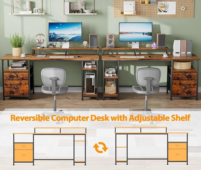 Furologee Computer Desk with Shelves and Drawer, 61" Long Desk with Fabric File Drawer, Industrial Writing Desk with Large Monitor Stand, Study Table Workstation for Home Office, Rustic Brown - LeafyLoom