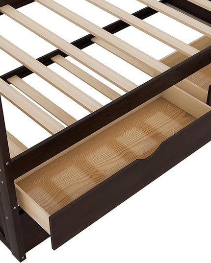 Twin Daybed with Storage Drawers and Trundle Bed, Wood Twin Size Captain’s Bed Frame for Bedroom Living Room Guest Room, Espresso - LeafyLoom