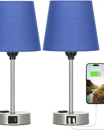 Table Lamps for Bedrooms Set of 2 Bedside - Nightstand Bedroom Lamp with USB C Port and AC Outlet Charging, Dimmable Touch Small End Side Lamp, Blue Night Stand Light for Kid/Guest Room/Living Room - LeafyLoom