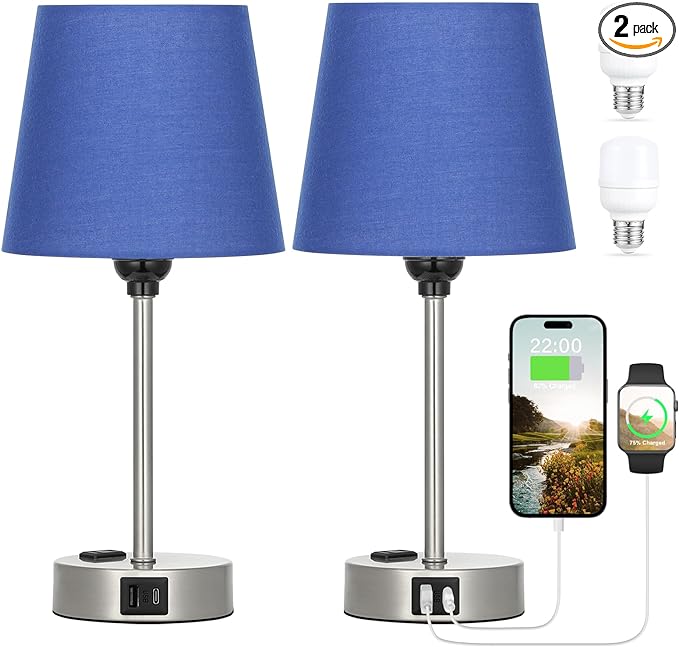 Table Lamps for Bedrooms Set of 2 Bedside - Nightstand Bedroom Lamp with USB C Port and AC Outlet Charging, Dimmable Touch Small End Side Lamp, Blue Night Stand Light for Kid/Guest Room/Living Room - LeafyLoom