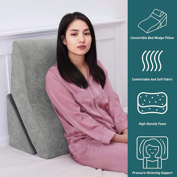 baibu 20 in Bed Wedge Pillow Set Foam | Adjustable Pillows for Back, Leg and Knee Pain Relief | Post Surgery Ortho Pillow – Anti Snoring, Heartburn, Acid Reflux & GRED (Gray) - LeafyLoom