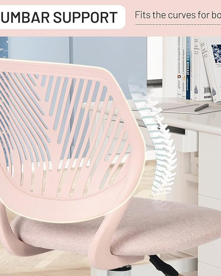 Desk Chair Small Armless, Comfy Home Office Chair with Fabric Seating Cushion and Plastic Low-Back, Adjustable Swivel Study Computer Task Chair for Student Children Kids with Rolling Wheels, Pink - LeafyLoom