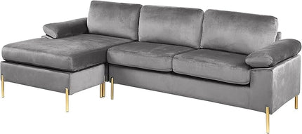 L Shaped Couch with Chaise, Velvet Upholstered Sectional, Metal Leg & Rolled Armrests, Futon Sofa for Living Room, Apartment and Office, Gray, 101.2, Gray1 - LeafyLoom