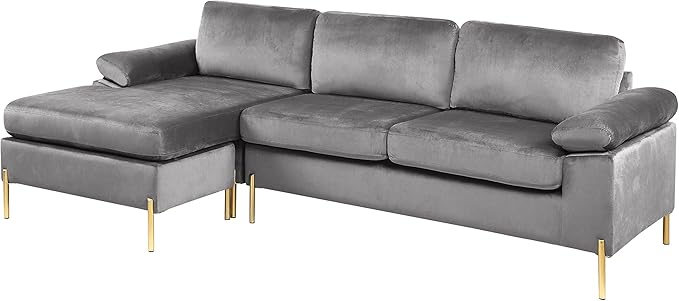 L Shaped Couch with Chaise, Velvet Upholstered Sectional, Metal Leg & Rolled Armrests, Futon Sofa for Living Room, Apartment and Office, Gray, 101.2, Gray1 - LeafyLoom