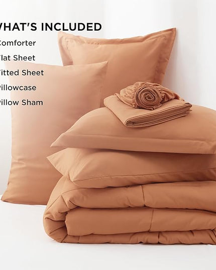 Bedsure Burnt Orange Twin Comforter Set - 5 Pieces Solid Twin Bed in a Bag, Twin Bed Set Burnt Orange with Quilted Warm Fluffy Comforters, Sheets, Pillowcase & Sham - LeafyLoom