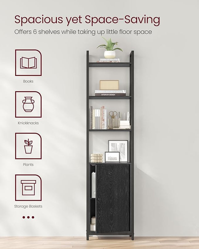 VASAGLE 6-Tier Bookshelf, Tall Bookcase with Door, Steel Frame, Adjustable Shelves, 9.4 x 15.7 x 62.8 Inches, Living Room Bedroom, Ebony Black and Ink Black ULLS132B01 - LeafyLoom