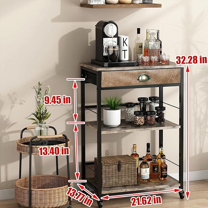 X-cosrack Coffee Bar Cart with Storage, 3-Tier Coffee Table with Drawer for Home Buffets & Sideboards,Coffee Station Corner Table with Rolling Wheels for Kichen, Entryway, Living Room-Patent - LeafyLoom